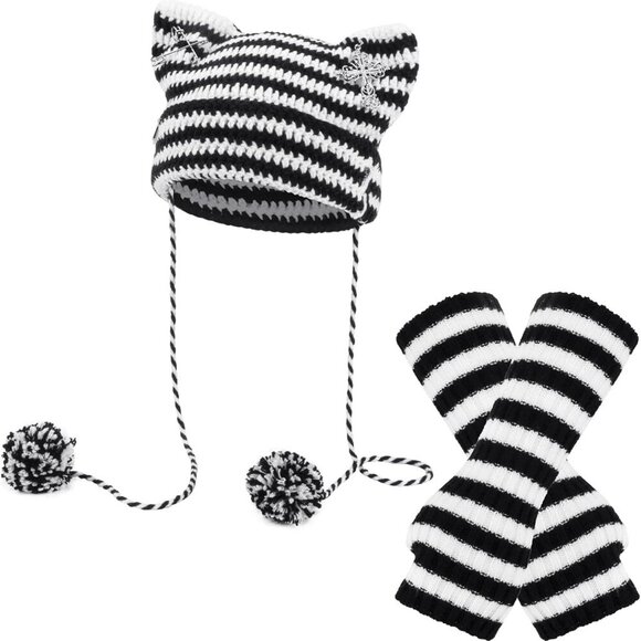 Crochet Hats for Women, Cat Beanie Y2K Beanies Grunge Accessories with Arm Warme - Picture 1 of 7